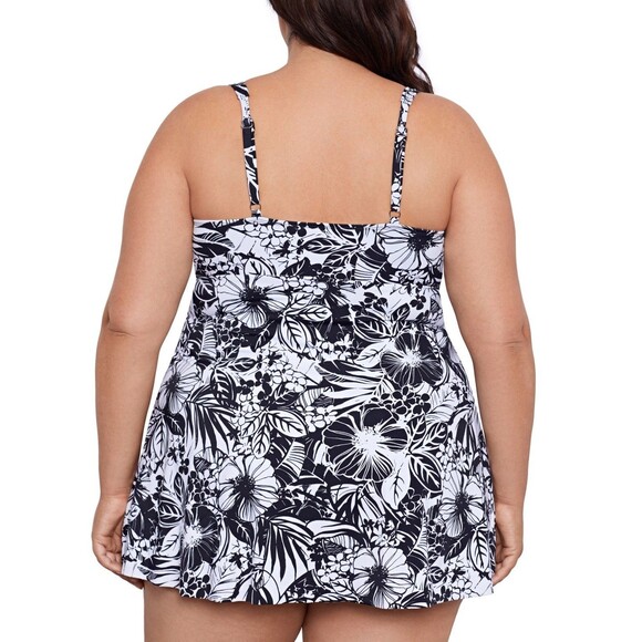 Swim Solutions Swimdress Womens 18W Black White Floral One Piece Tummy Control - Picture 2 of 16